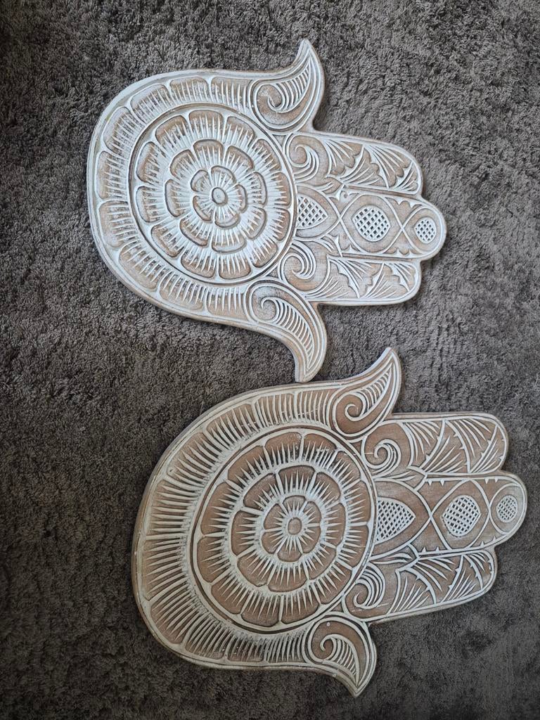 Set van 2 Hamsa hand wanddecoratie, houtsnijwerk, oosters, i, Huis en Inrichting, Ophalen, Hout, Meerkleurig, Oosters
