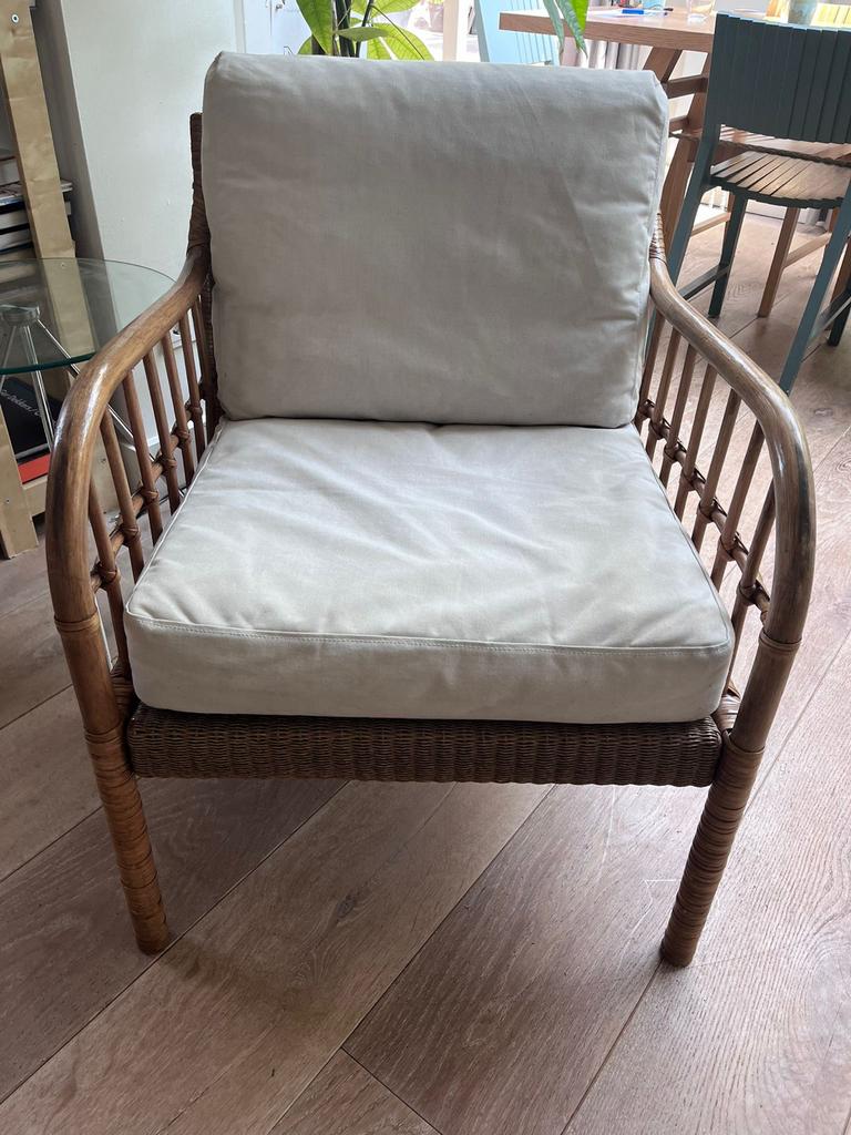 IKEA Rotan Fauteuil Holmstra/Fröknabo met Kussens, Ophalen of Verzenden, Zo goed als nieuw, Riet of Rotan, 75 tot 100 cm