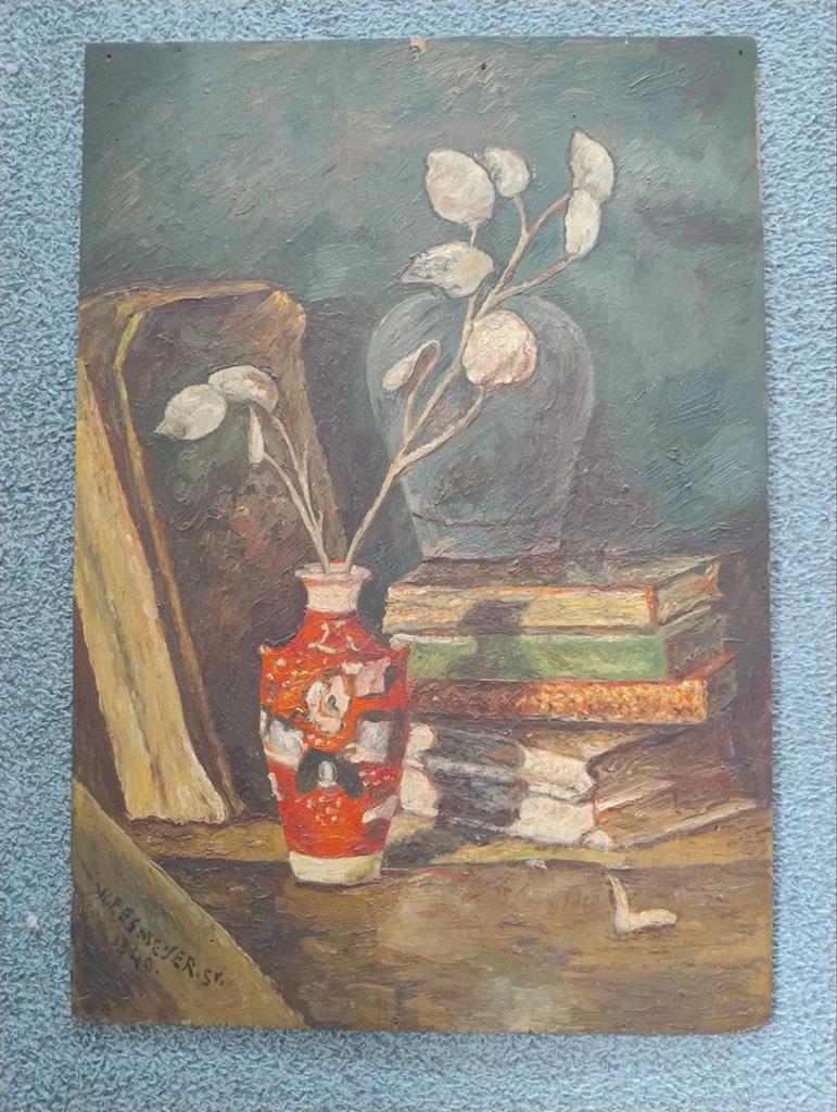 Stilleven met boeken en vaas, gesigneerd W. Reesmeyer, Ophalen