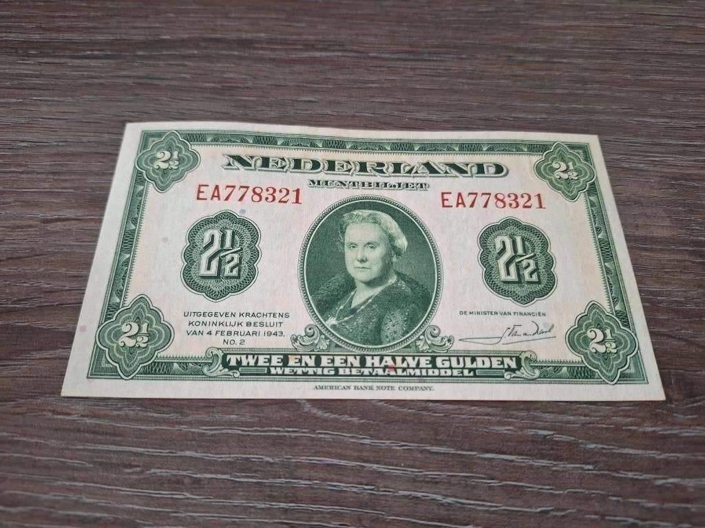 Bijna UNC biljet 2,5 gulden 1943 Wilhelmina, Ophalen of Verzenden, 1 gulden