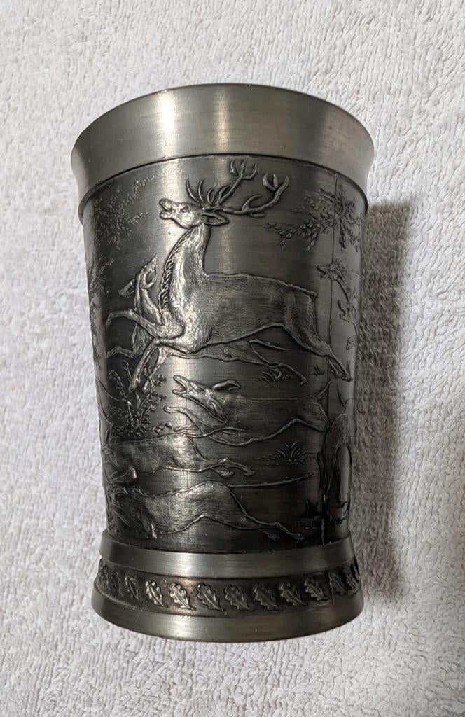 Vintage Tinnen Beker – Gedetailleerd Jachttafereel (95% Tin), Ophalen of Verzenden