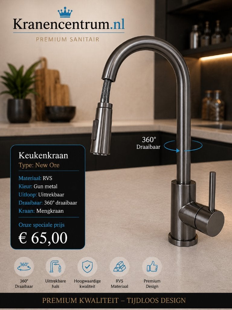 Keukenkraan GUN METAL uittrekbare hals Mengkraan KOOPJE, Ophalen of Verzenden, Nieuw, Rvs, Kraan