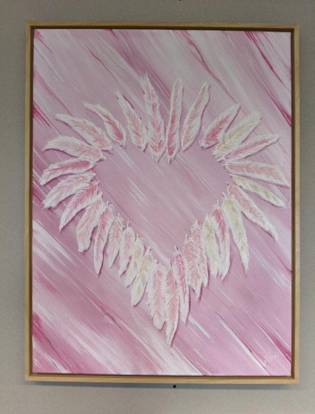 Modern schilderij: Roze veren hart, Ophalen, Acrylverf, Ingelijst, Overig onderwerp