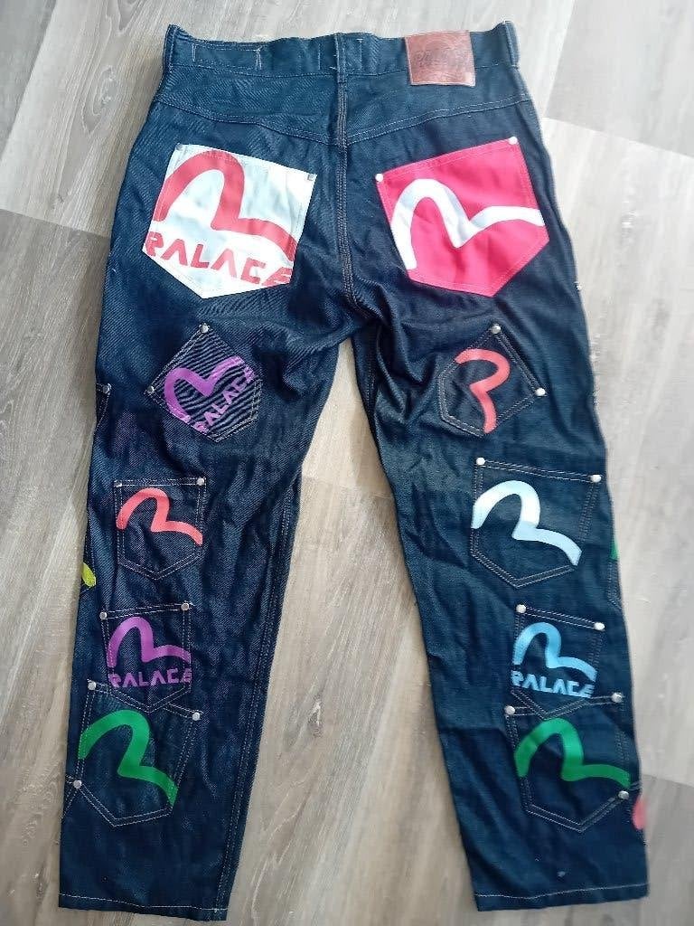 Unieke vintage Palace Evisu multipocket spijkerbroek jeans, Verzenden, Zo goed als nieuw, Blauw, W33 - W34 (confectie 48/50)