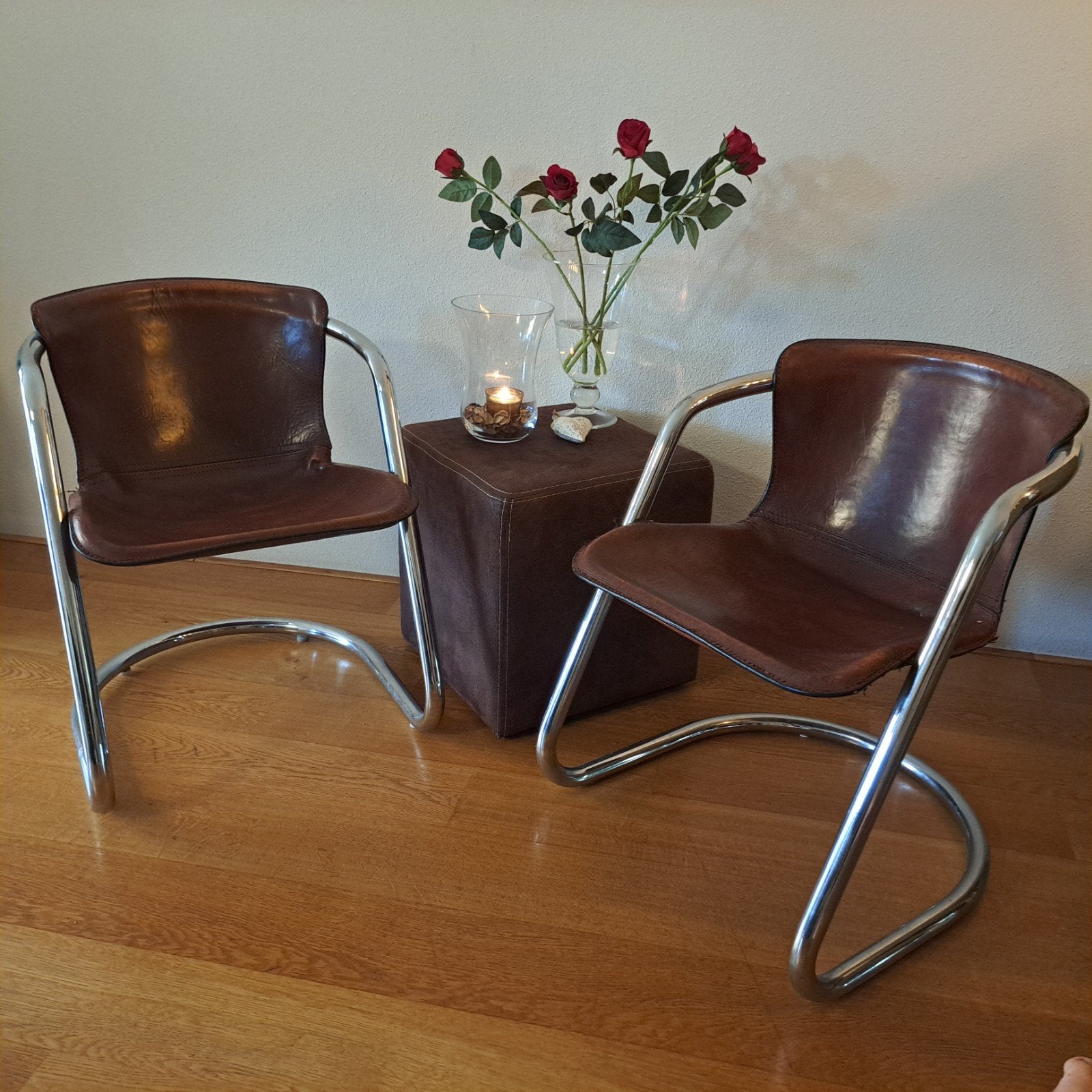 2 Vintage Leren Stoelen met Chromen Frame - Gebruikt, Ophalen, Gebruikt, Twee, Bruin