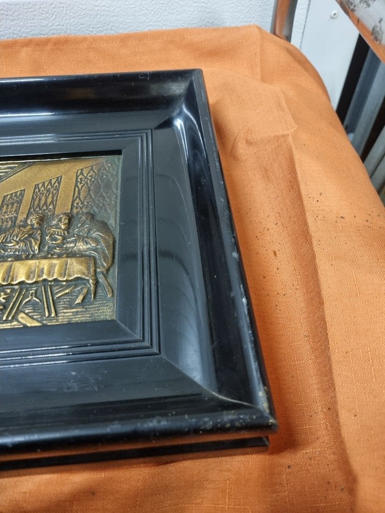 schilderij laatste avondmaal messing geslagen zwarte lijst, Ophalen of Verzenden