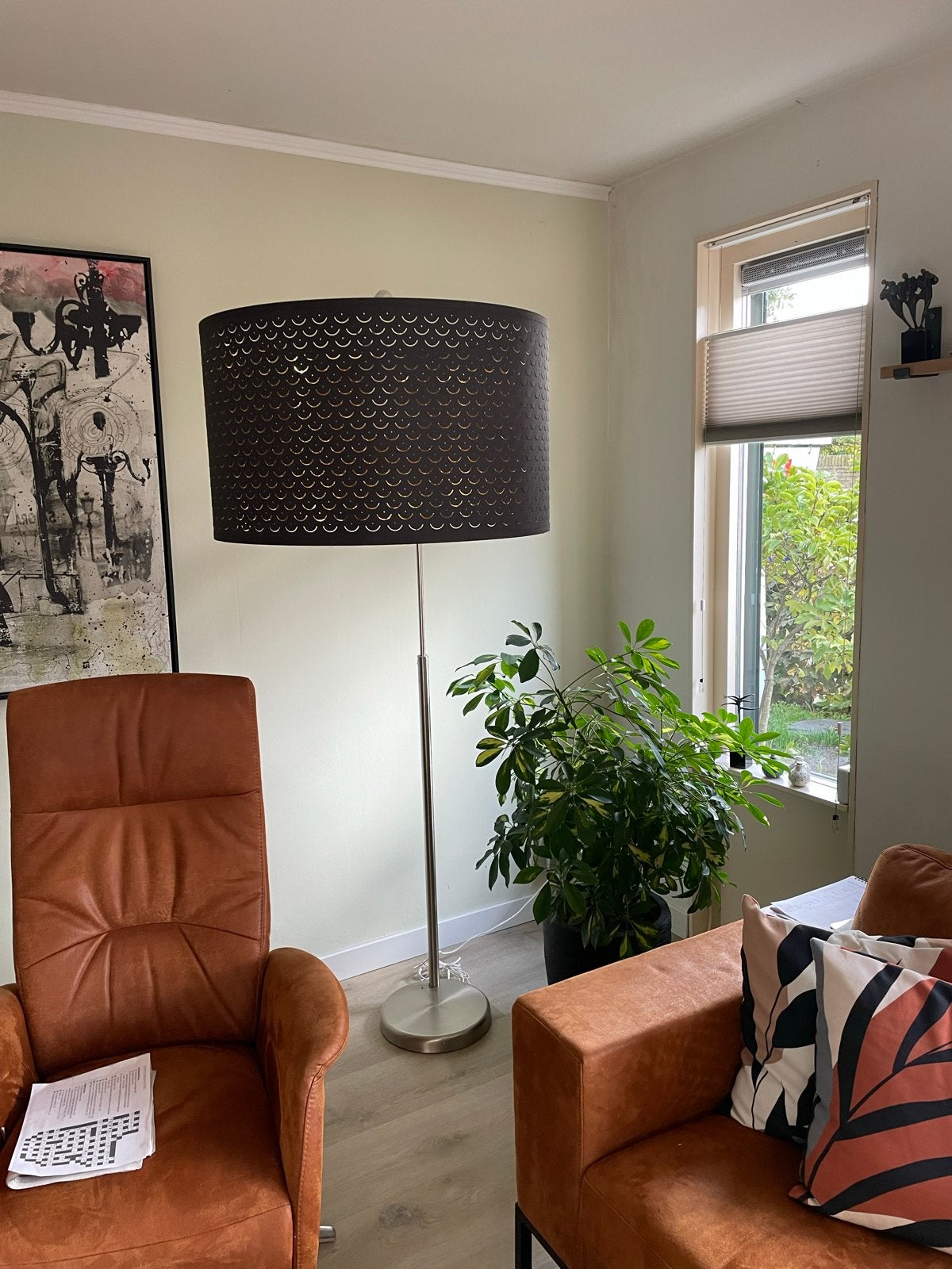 Moderne Staande Booglamp, zwart met goud, Ophalen, Gebruikt, E27 (groot), Metaal