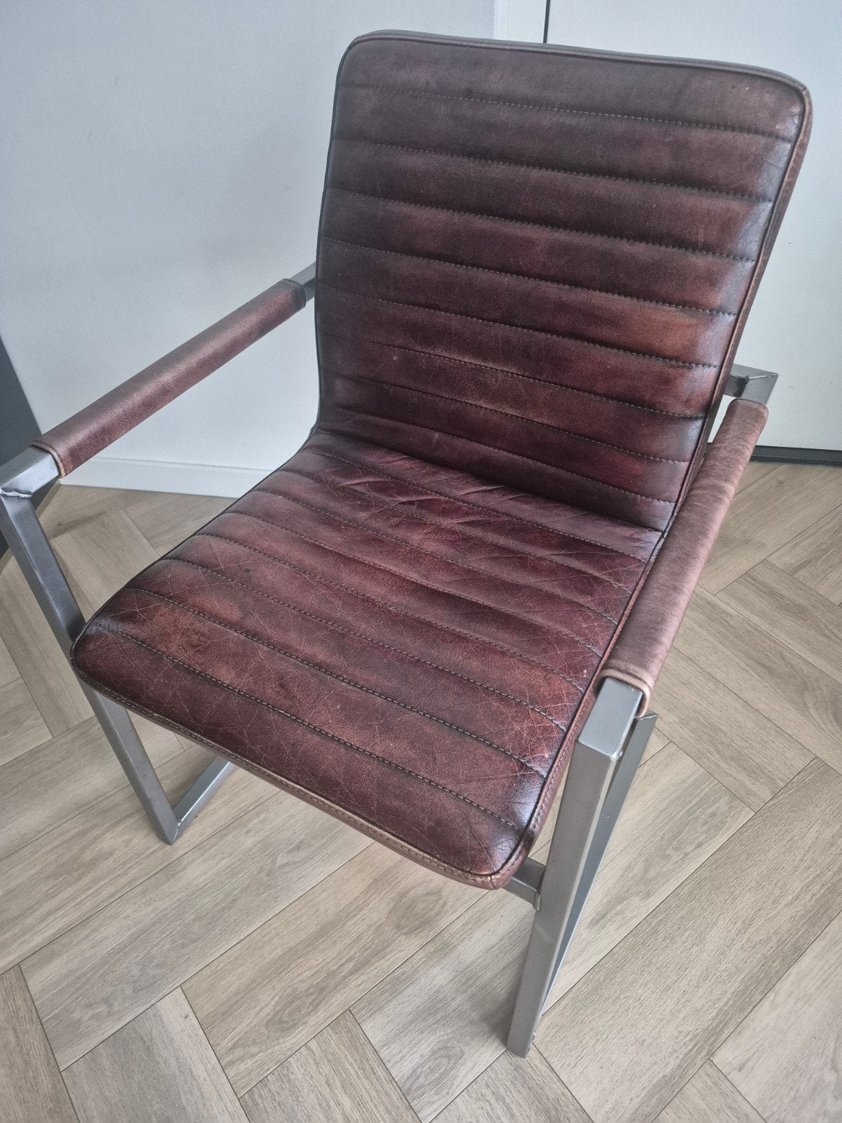 6x industriële leren stoelen met metalen frame, Huis en Inrichting, Stoelen, Ophalen, Gebruikt, Bruin, Vijf, Zes of meer stoelen