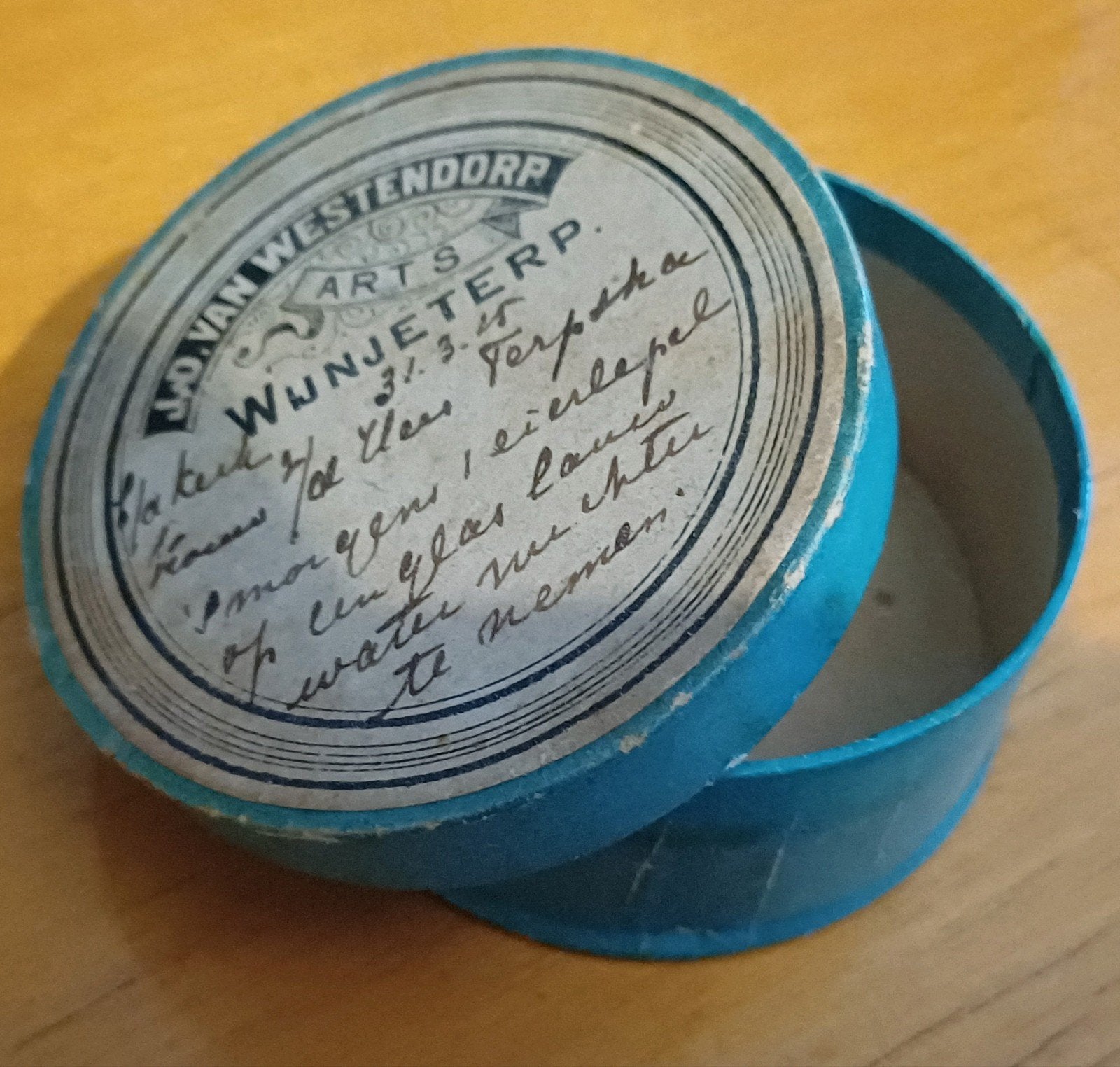 Wijnjeterp Pillendoosje arts Westendorp 1915, Verzamelen, Ophalen of Verzenden, Voor 1920, Zuid-Holland