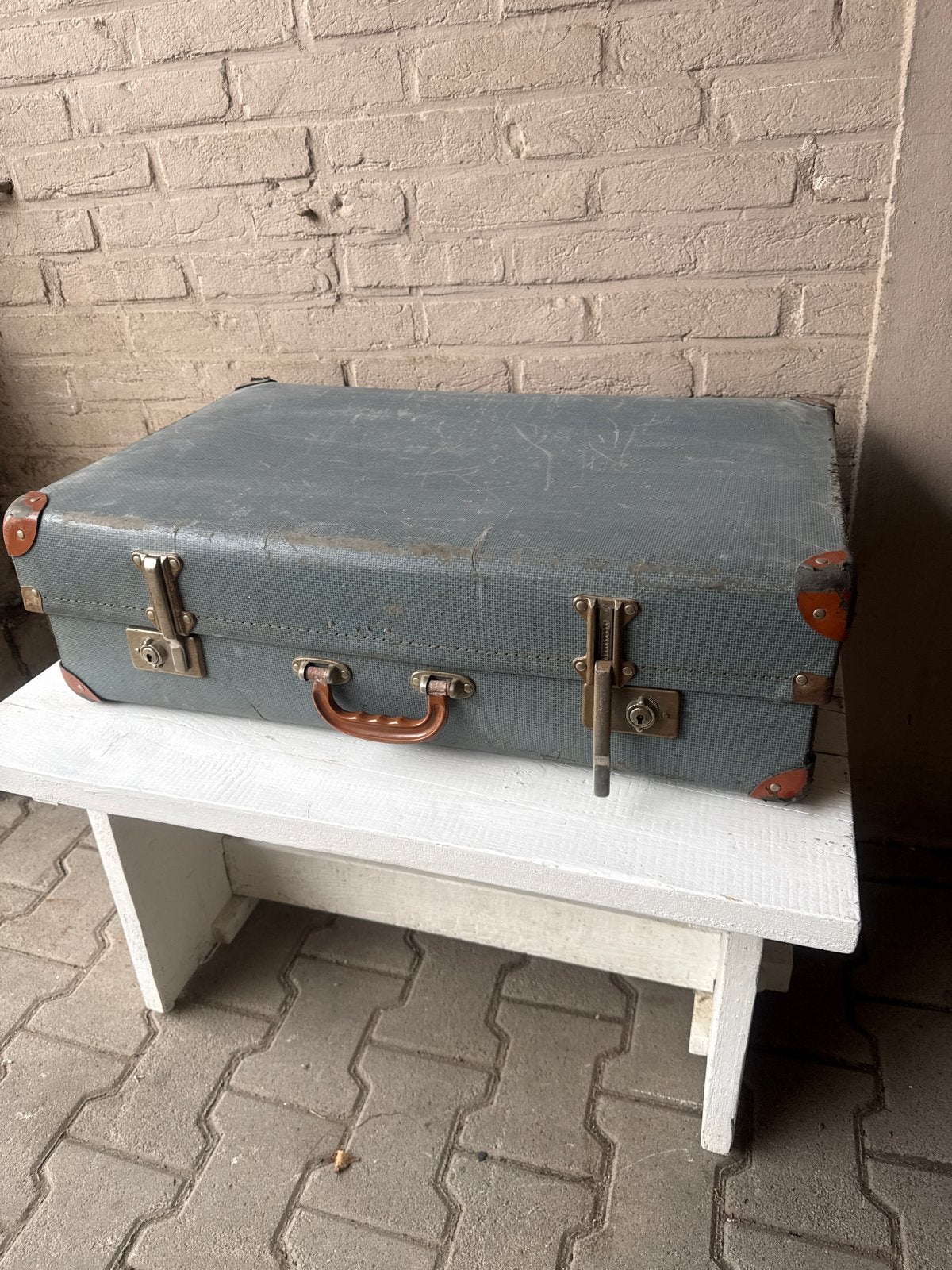 Vintage Koffer - Blauw/Grijs met Leren Details, Ophalen, Overige materialen, Gebruikt, 50 tot 60 cm