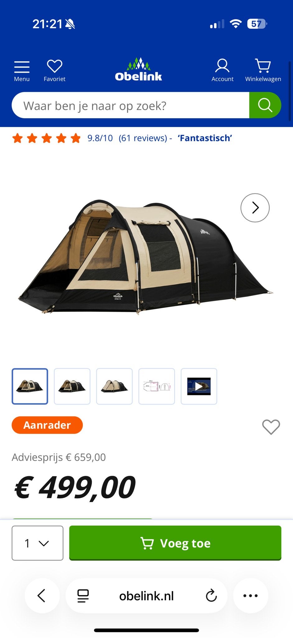 Obelink Optima 4 TC tunneltent - 4 personen, Caravans en Kamperen, Ophalen, Zo goed als nieuw, Tot en met 4