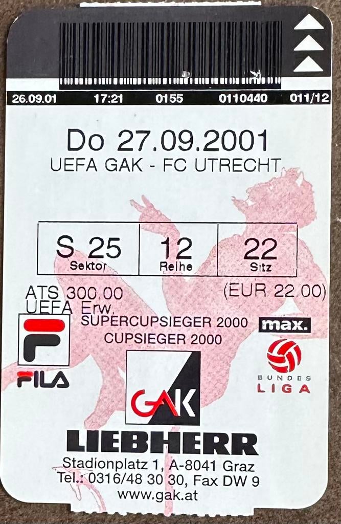 Ticket UC 01-02 Grazer AK - FC Utrecht, Verzenden, Zo goed als nieuw, F.C. Utrecht, Overige typen