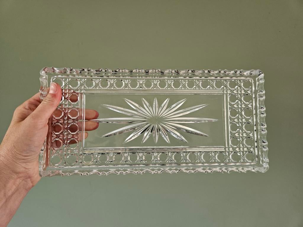 Vintage cakeschaal / schaal helder glas met sterpatroon, Ophalen of Verzenden, Rond, Glas