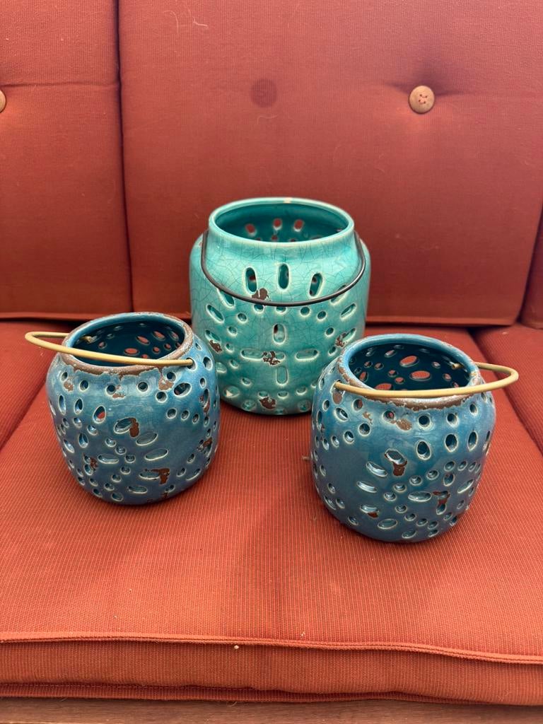 3 Blauw/Groene Windlichten - Set, Ophalen of Verzenden, Zo goed als nieuw, Groen, Metaal
