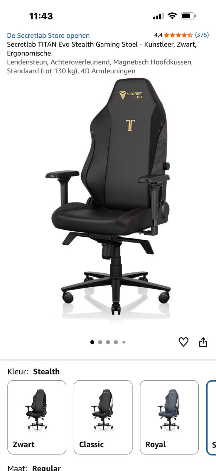 Secretlab TITAN Evo Stealth Gaming Stoel, Huis en Inrichting, Ophalen, Zwart, Bureaustoel, Ergonomisch