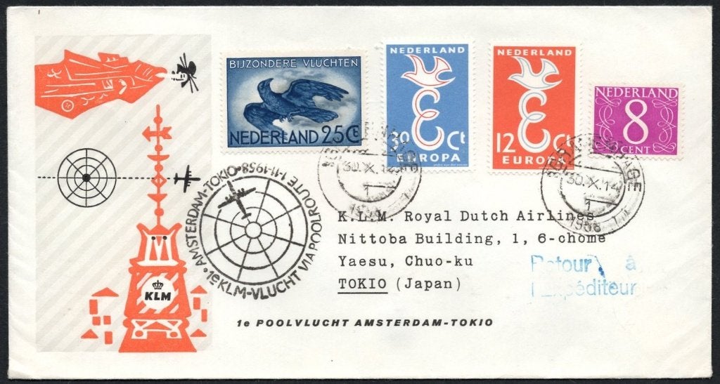 1e KLM poolvlucht Tokio Japan 1958, Postzegels en Munten, Brieven en Enveloppen | Nederland, Verzenden, Envelop
