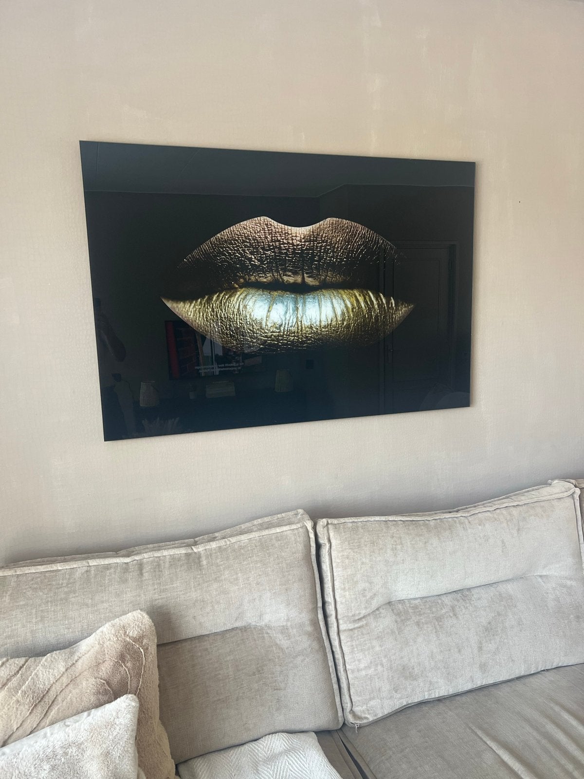 Modern Schilderij Gouden Lippen, Ophalen, Glas, Achter glas, Print