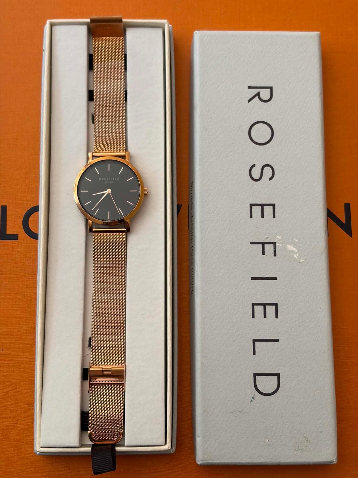 Rosefield Rose Gold & Black Mesh Watch, Ophalen of Verzenden, Zo goed als nieuw, Staal, Overige merken
