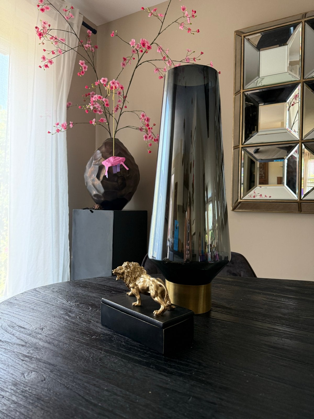 PTMD Groot Windlicht Rookglas Zwart met Messing Voet – 60 cm, Ophalen of Verzenden, Modern, Glas, Gebruikt