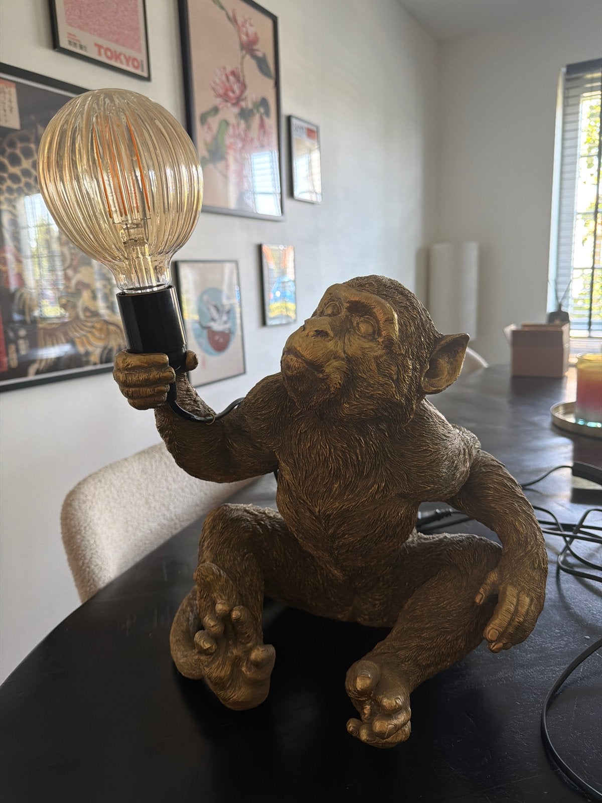 Unieke Apenlamp met Edison Gloeilamp - Goudkleurig, Kunststof, E27 (groot), Zo goed als nieuw, Goud