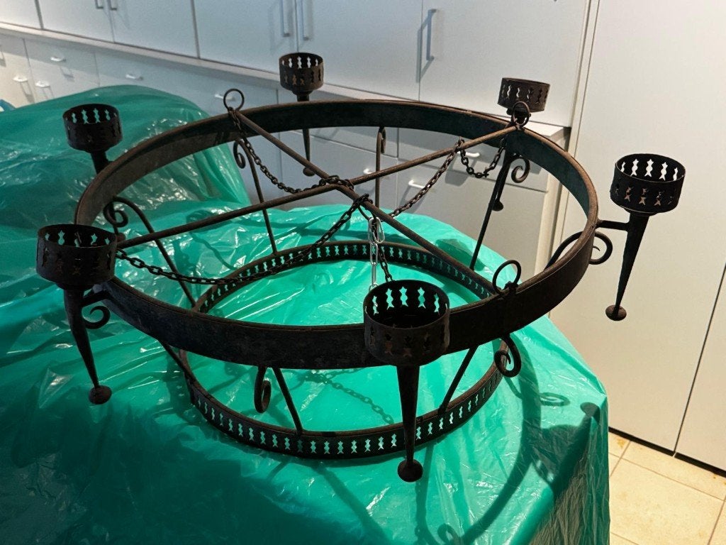Antieke ijzeren kroonlamp...voor kaarsen, Ophalen, Overige materialen, Gebruikt, Bruin
