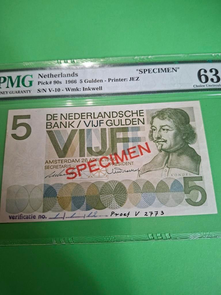 5 gulden Vondel I uit 1966 specimen proof in UNC gekeurd 63, Postzegels en Munten, Bankbiljetten | Nederland, Ophalen of Verzenden