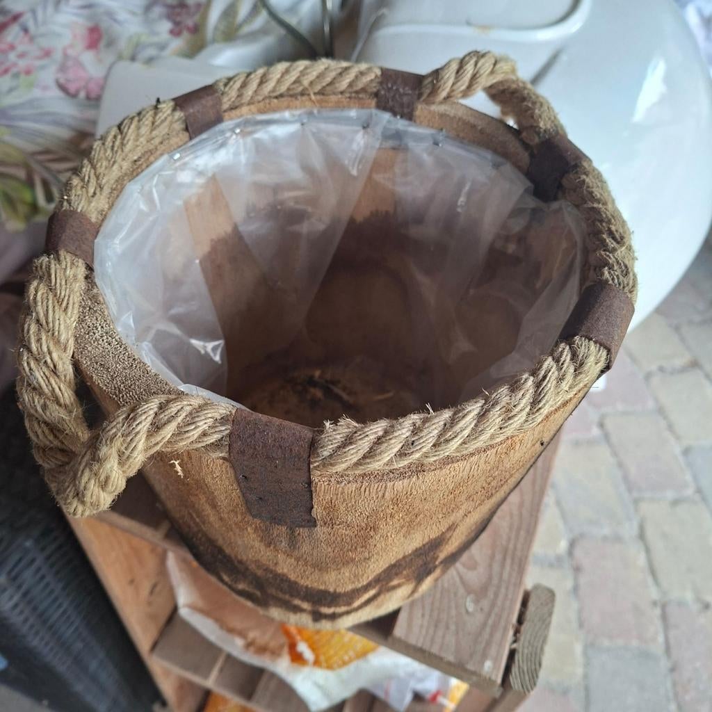 Houten bak met koord en plastic ... voor bloempot bloembak, Tuin en Terras, Bloembakken en Plantenbakken, Ophalen, Rond, Hout