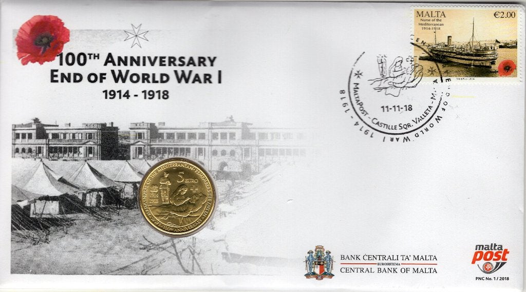 Numisbrief 5 Euro Malta 2018 + Postzegel  - Einde WO 1, Postzegels en Munten, Munten | Europa | Euromunten, Verzenden, Malta, 5 euro