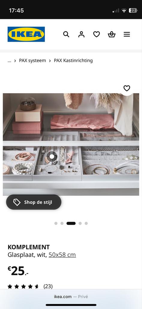 IKEA KOMPLEMENT Glasplaat 50x58 cm voor PAX kast, Ophalen, 50 tot 100 cm, 50 tot 75 cm, Glas