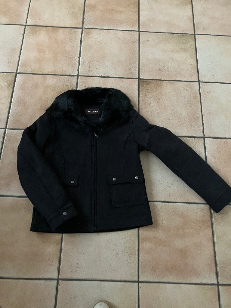 Zwarte Caspi Conus jas met bontkraag, maat 38/40 (M), Kleding | Dames, Jassen | Winter, Maat 38/40 (M), Zwart, Ophalen of Verzenden