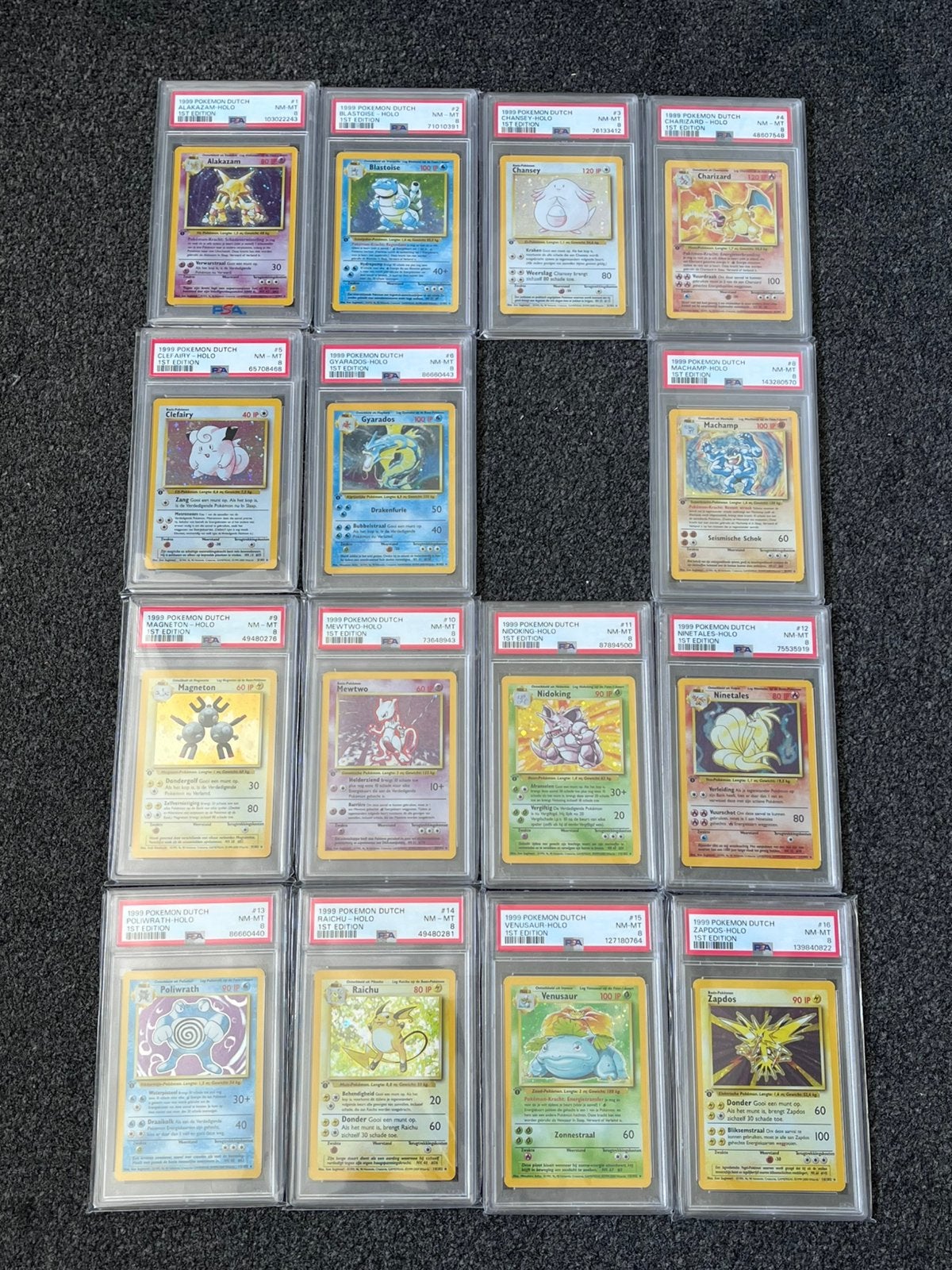 Pokémon (15/16) PSA 8 1st Edition Nederlandse Holo Base Set, Ophalen of Verzenden, Zo goed als nieuw, Meerdere kaarten, Foil