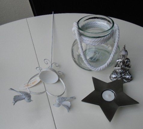 DECO SET STEKER MET VOGELS, WINDLICHT, WAXINELICHT, BOEDDHA, Metaal, 15 cm, -, -