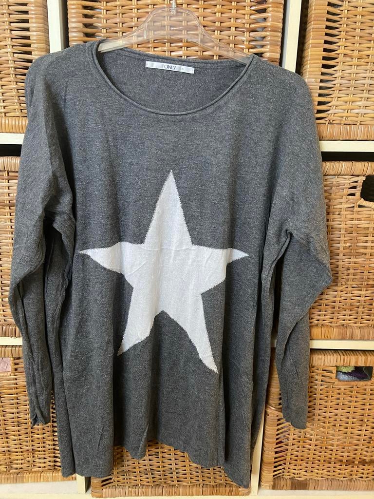 Grijze trui met witte ster en steentjes, maat XL, Ophalen of Verzenden, Gedragen, Maat 46/48 (XL) of groter, Grijs