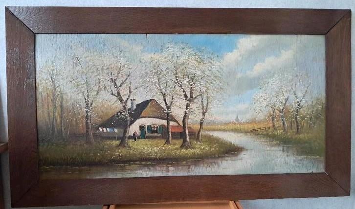 Oud olieverfschilderij met boerderij bloesembomen aan water, Antiek en Kunst, Kunst | Schilderijen | Klassiek, Ophalen