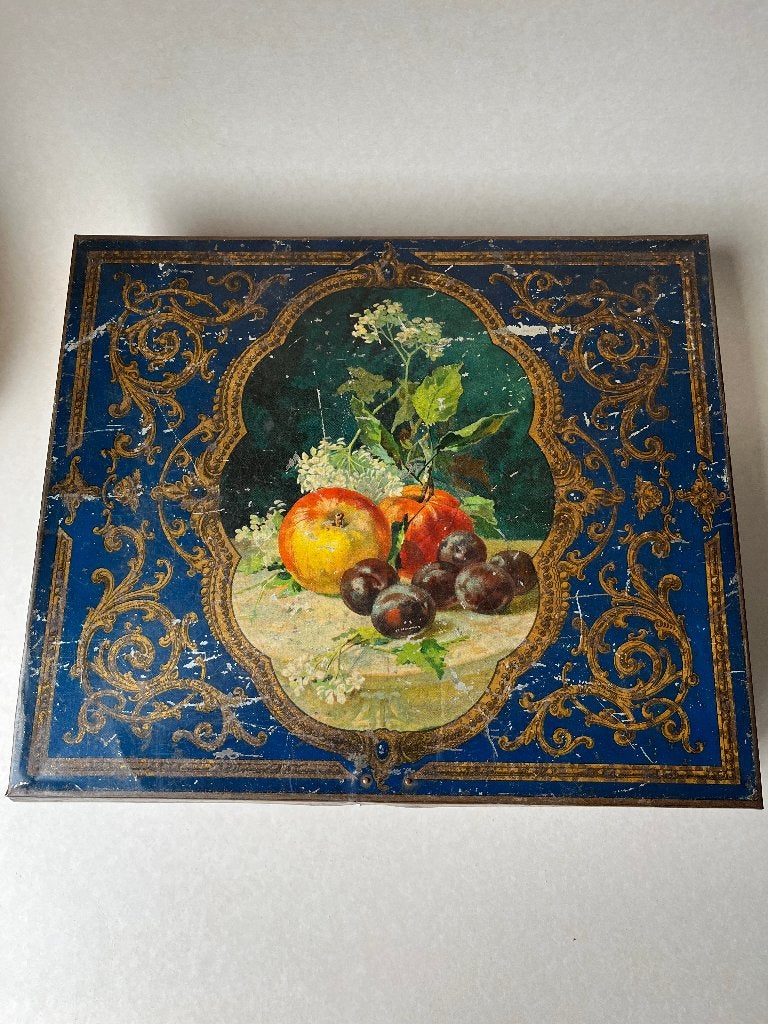 Groot antiek plat blik: fruit, Verzamelen, Blikken, Ophalen of Verzenden, Gebruikt, Overige