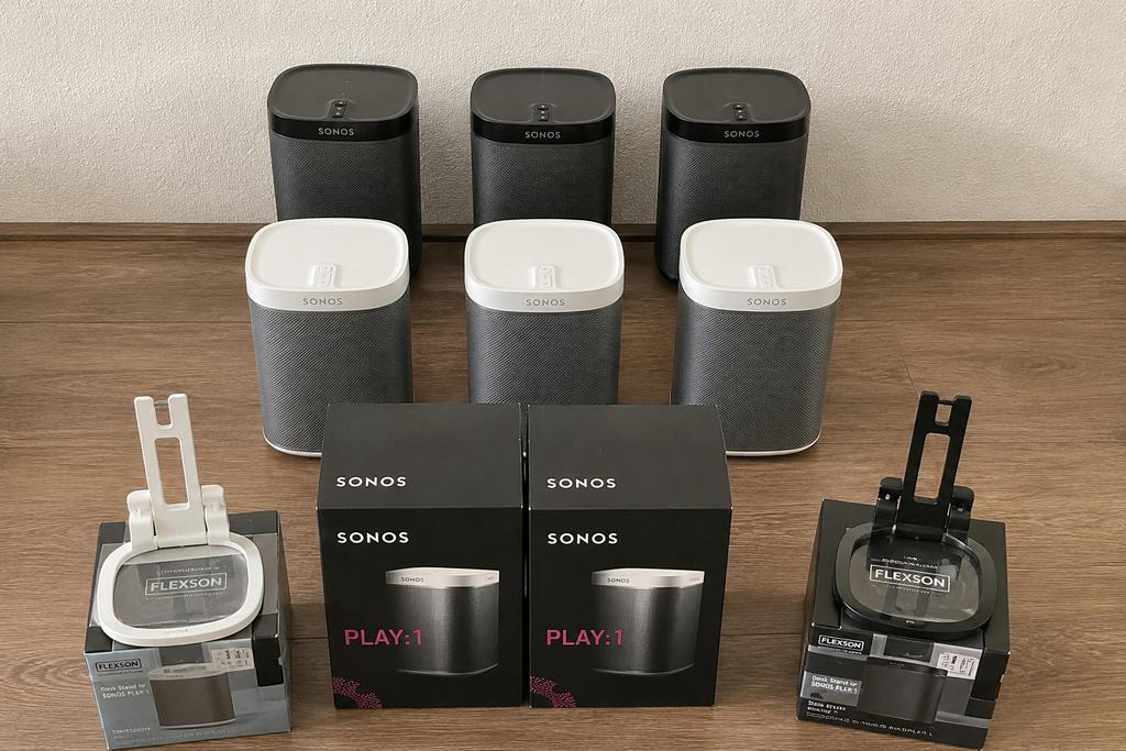 6x Sonos Play:1 speakers + 6x desk stands – S2 compatibel ✅, Audio, Tv en Foto, Luidsprekers, Ophalen, Zo goed als nieuw, Sonos