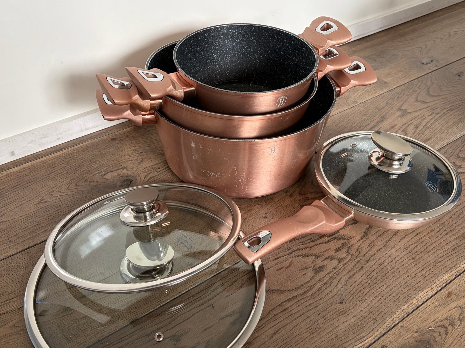 4-delige Berlinger Haus pannenset - Roségoud met glazen deks, Gebruikt, Met deksel, Pannenset, Ophalen of Verzenden