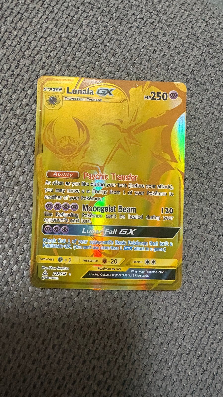 Pokémon Kaart Lunala GX Gold Secret Rare 172/156, Ophalen of Verzenden, Zo goed als nieuw, Losse kaart, Foil