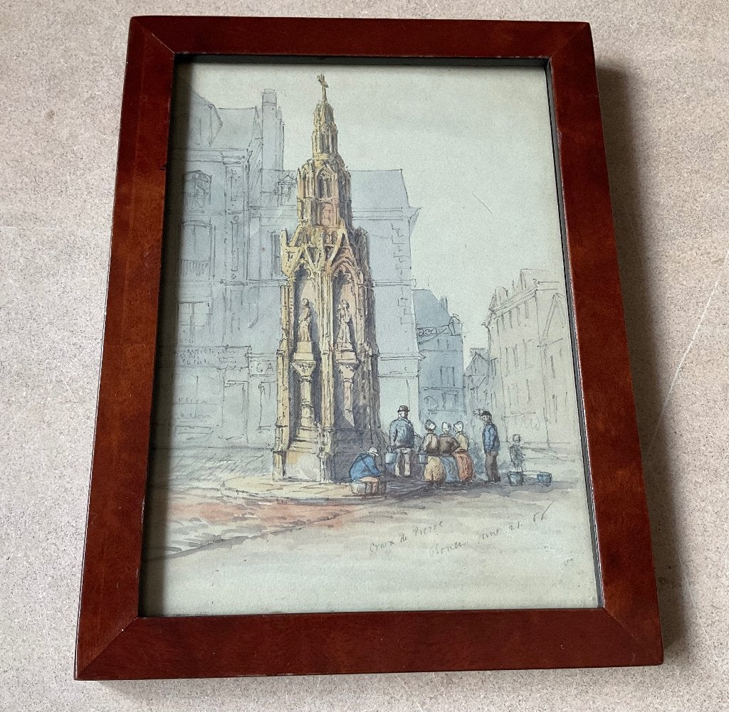 19de eeuws aquarel van Croix de Pierre in Rouen uit 1866, Antiek en Kunst, Kunst | Schilderijen | Klassiek, Verzenden