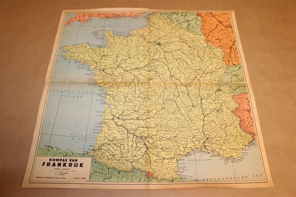 Oude Kompas kaart van Frankrijk - circa 1935, Gelezen, Frankrijk, Ophalen of Verzenden, Landkaart