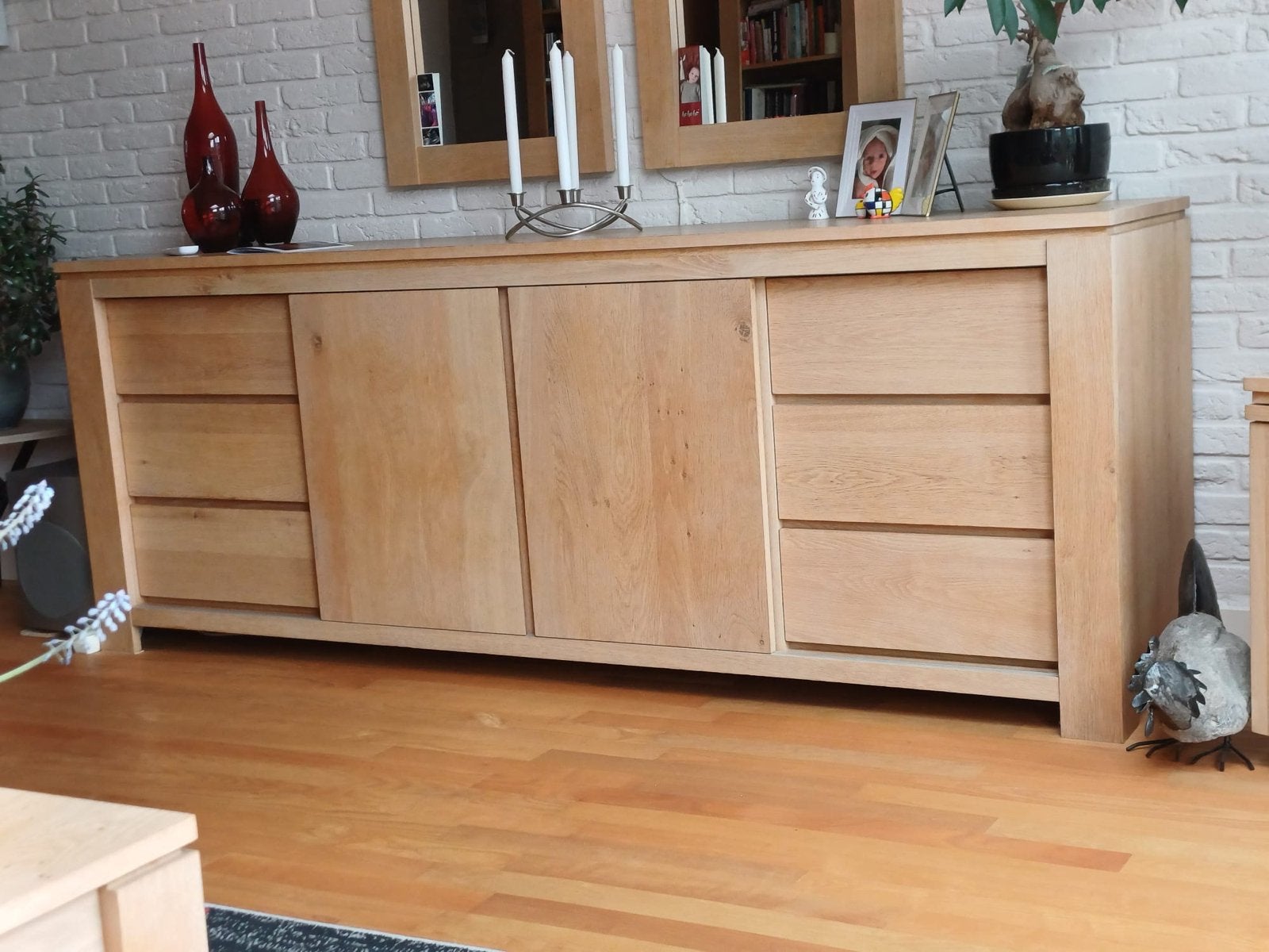 Massief Eiken Dressoir met Spiegel - 223 cm breed, Ophalen, Eikenhout, Zo goed als nieuw, 200 cm of meer