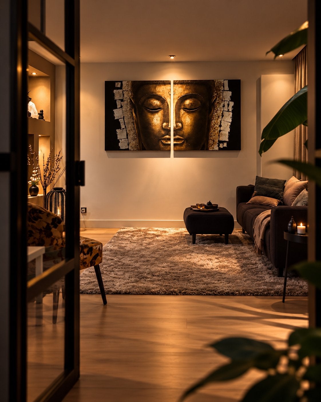 Luxe Boeddha schilderij tweeluik, Ophalen of Verzenden, Zo goed als nieuw, Goud, Overige materialen