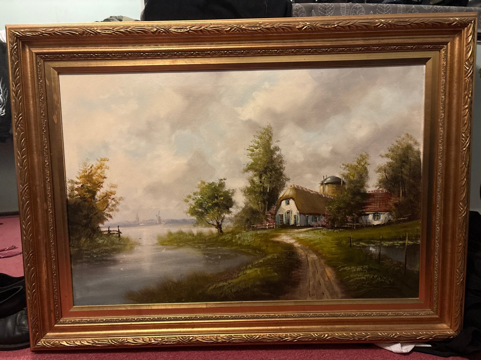 Schilderij: Hollands Landschap met Boerderij aan het Water, Ophalen, Doek, Olieverf, Klassiek