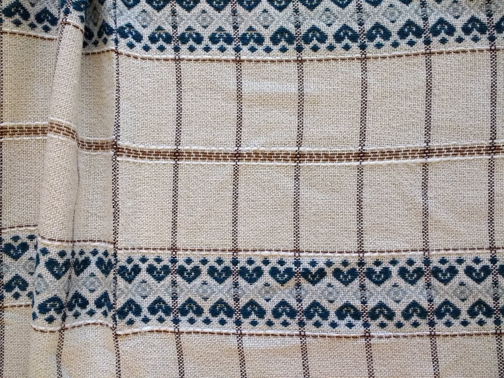Gordijn met blauw hartjesmotief 2,11 m hoog, gebruiksklaar, Ophalen of Verzenden, Zo goed als nieuw, Crème, Gordijn