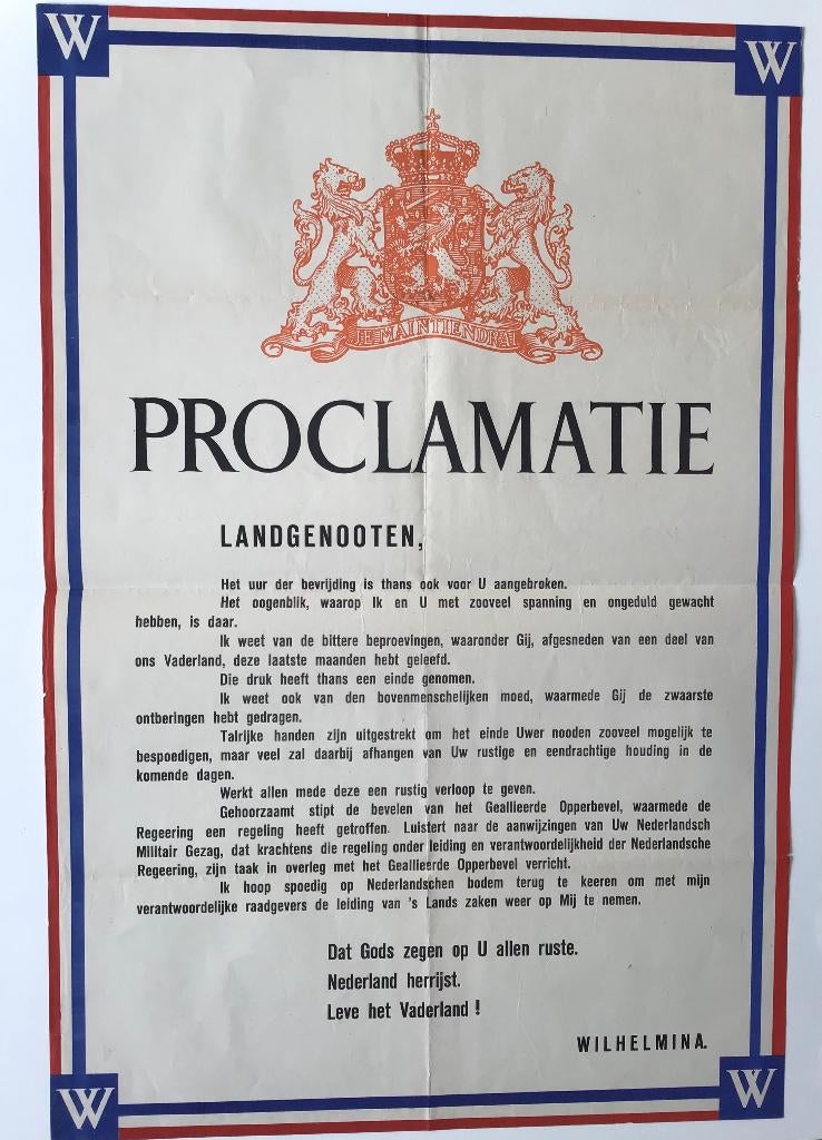 Poster PROCLAMATIE Wilhelmina, Verzamelen, Militaria | Tweede Wereldoorlog, Ophalen of Verzenden, Overige soorten, Nederland, Foto of Poster