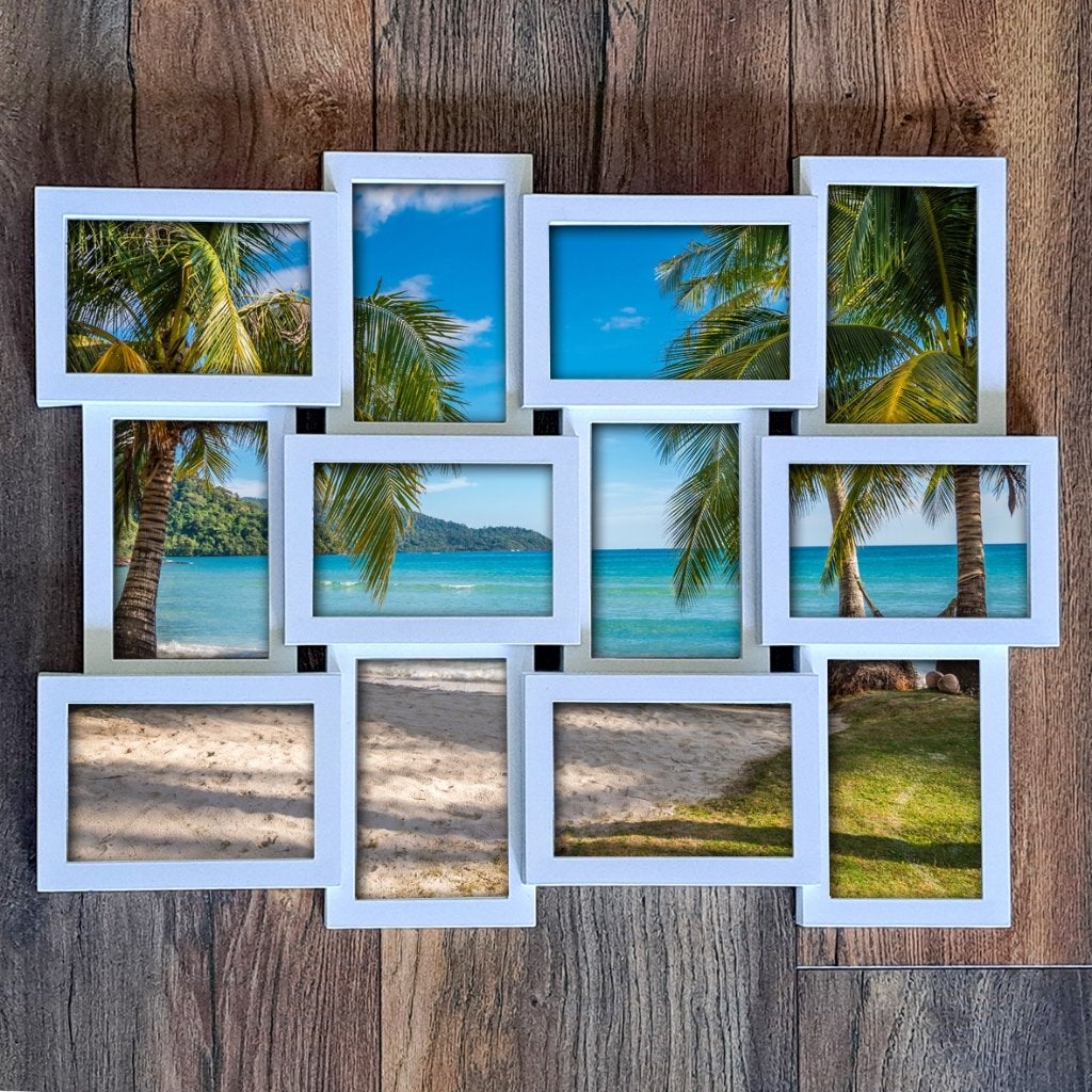 Twee witte, kunststof collage-fotolijsten met glazen ruitjes, Ophalen, Kunststof, Met clips, Fotolijst