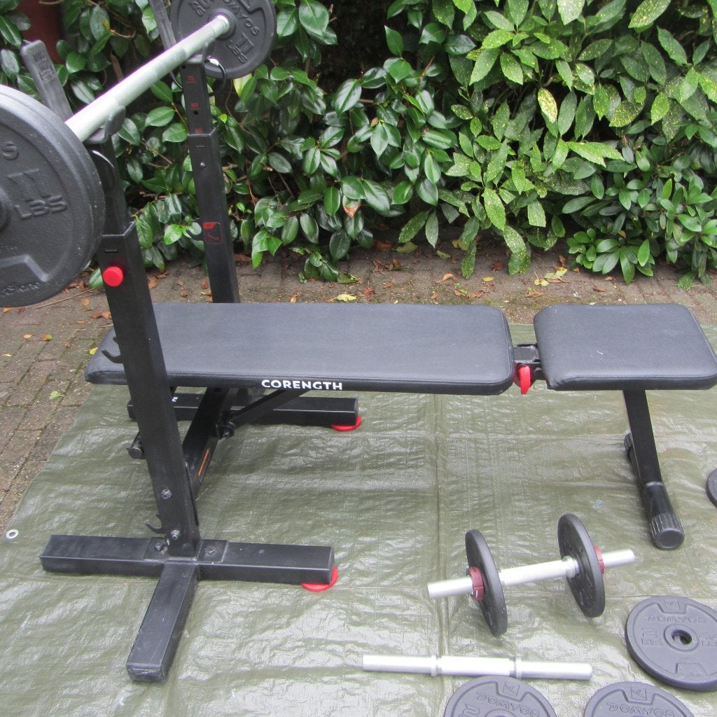 Fitness drukbank incl gewichten en halterstang, Ophalen, Zo goed als nieuw, Benen, Krachtstation