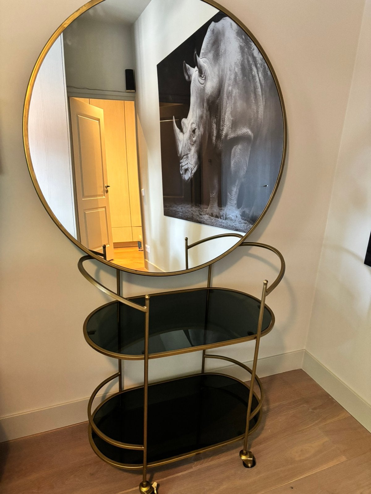 Vintage boho XL spiegel met bar trolley, Ophalen, Rond, Zo goed als nieuw, 100 tot 125 cm