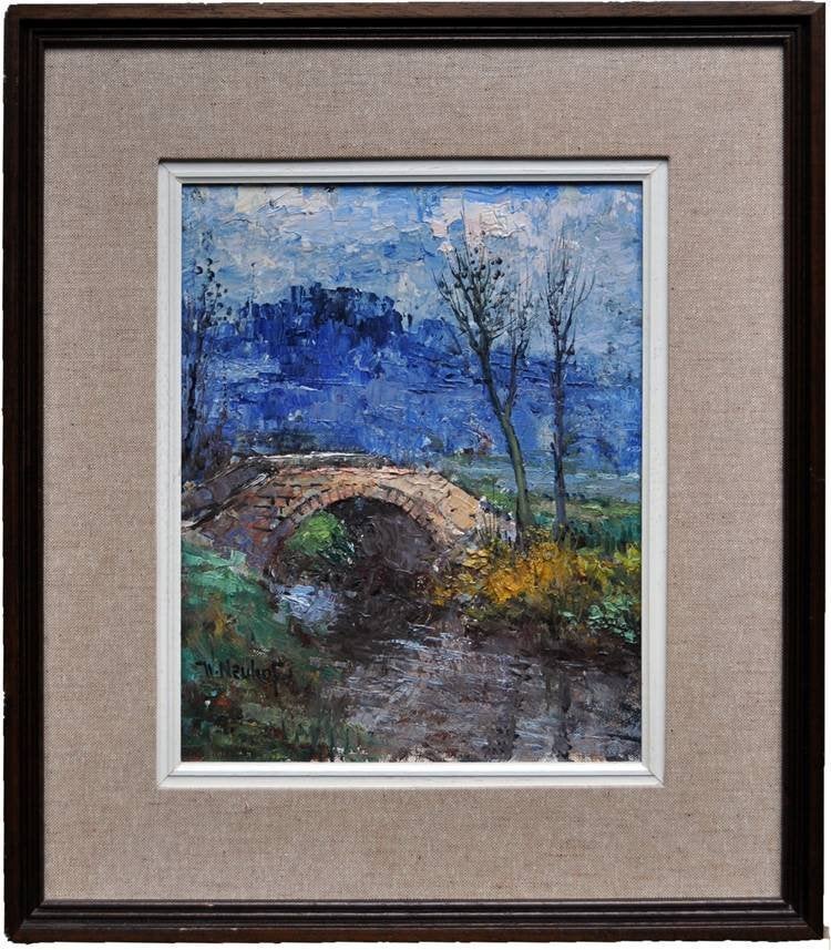 Schilderij van W. Neuhof: Bruggetje over water, Antiek en Kunst, Kunst | Schilderijen | Klassiek, Doek, Realistisch, Origineel werk