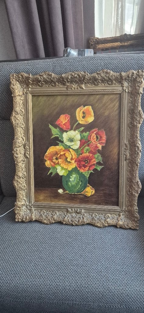 bloem stilleven met lijst gesignerd KW. Zuidwijk  65x55, Doek, Stilleven, Ophalen of Verzenden, Olieverf